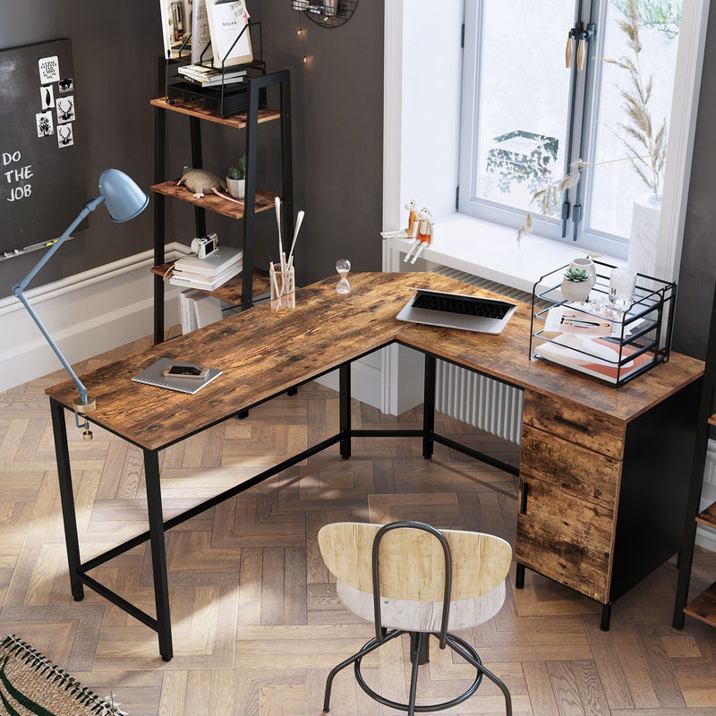 Bureau - Corner Office - Avec armoire - cadre en acier et lame en bois - marron