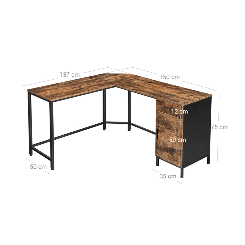 Bureau - Hoekbureau - Met kast - Stalen frame en Houten blad - Bruin