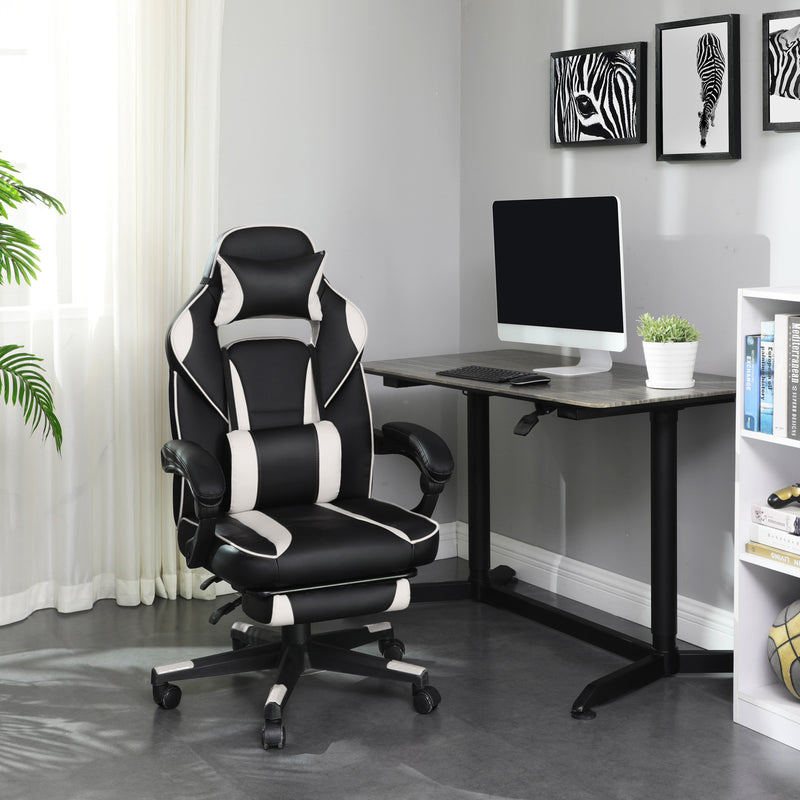 Chaise de jeu - Chaise de bureau - Cuir artificiel - avec repose-pieds et coussin arrière - Blanc noir