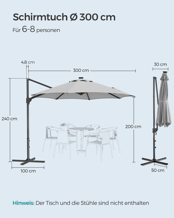 Parasol - flytande parasol - med vev - med belysning - grå