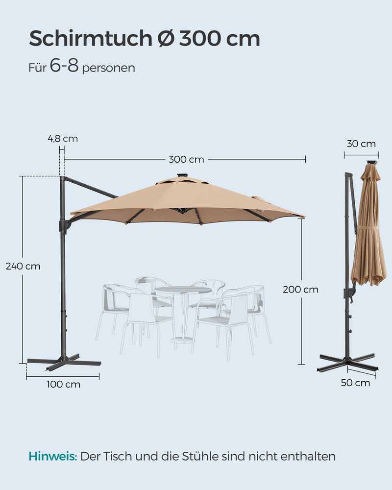 Parasol - kelluva parasoli - kampilla - valaistuksella - ruskea