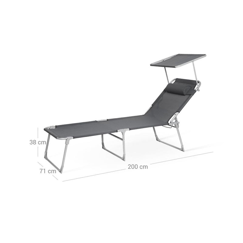 Lounger - strandbed - ekstra stor - med markise - 200 x 71 x 38 cm - grå