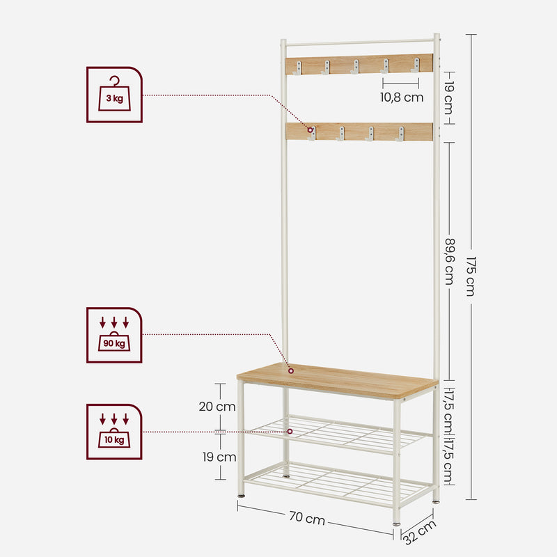 Garderobeskab - frakkeholder - med bænk - sko rack - 9 Haken - Hvidbrun