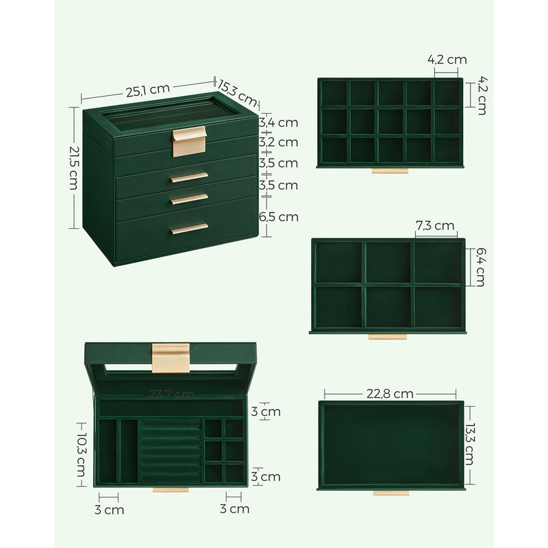 Sieradenbox - Sieradendoos - Met 2 Zijladen -   Glazen deksel - 2 lades - Groen