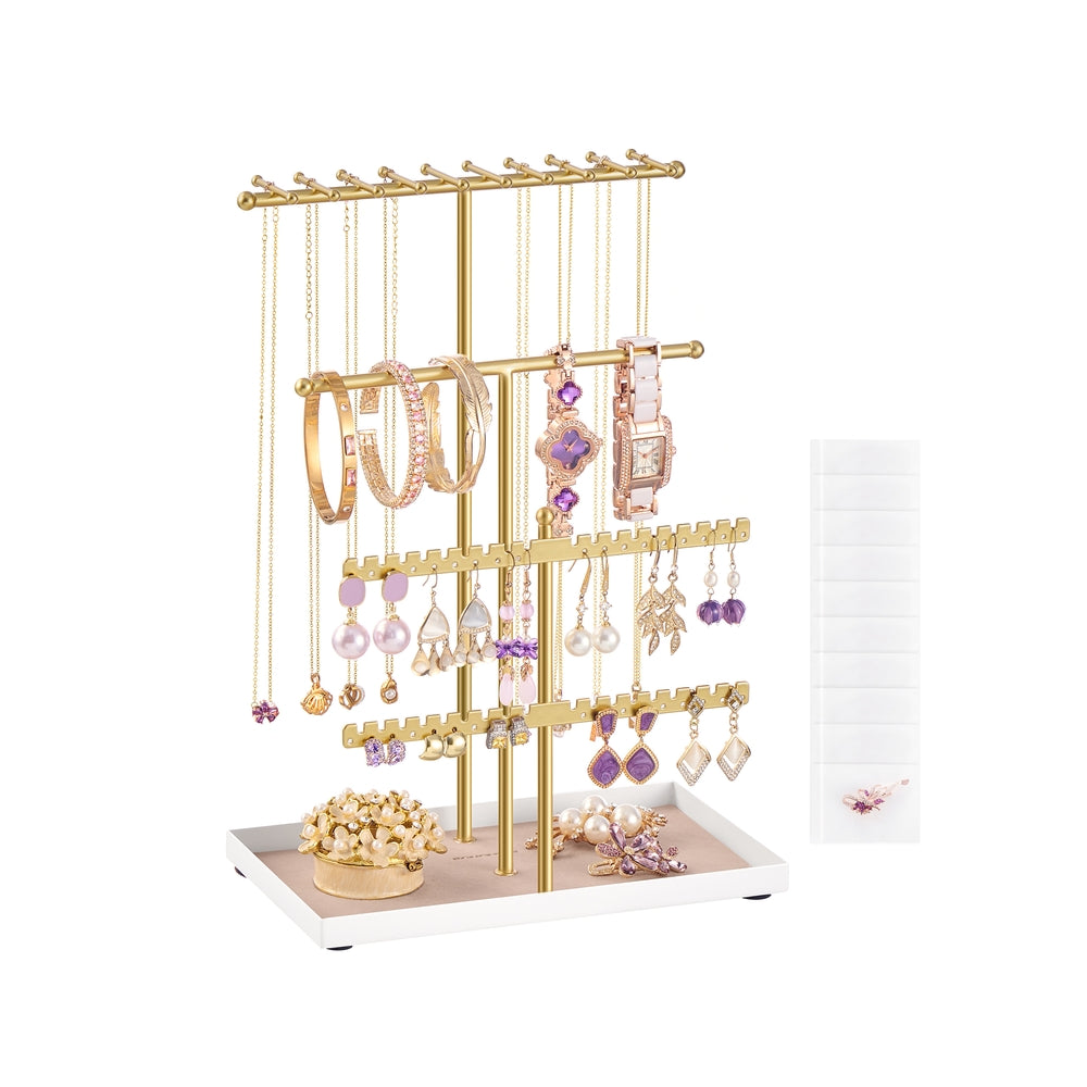 Jewellery Stand – Metal – Pale Gold – Velvet Tray and Organiser for Necklaces, Bracelets, and Earrings