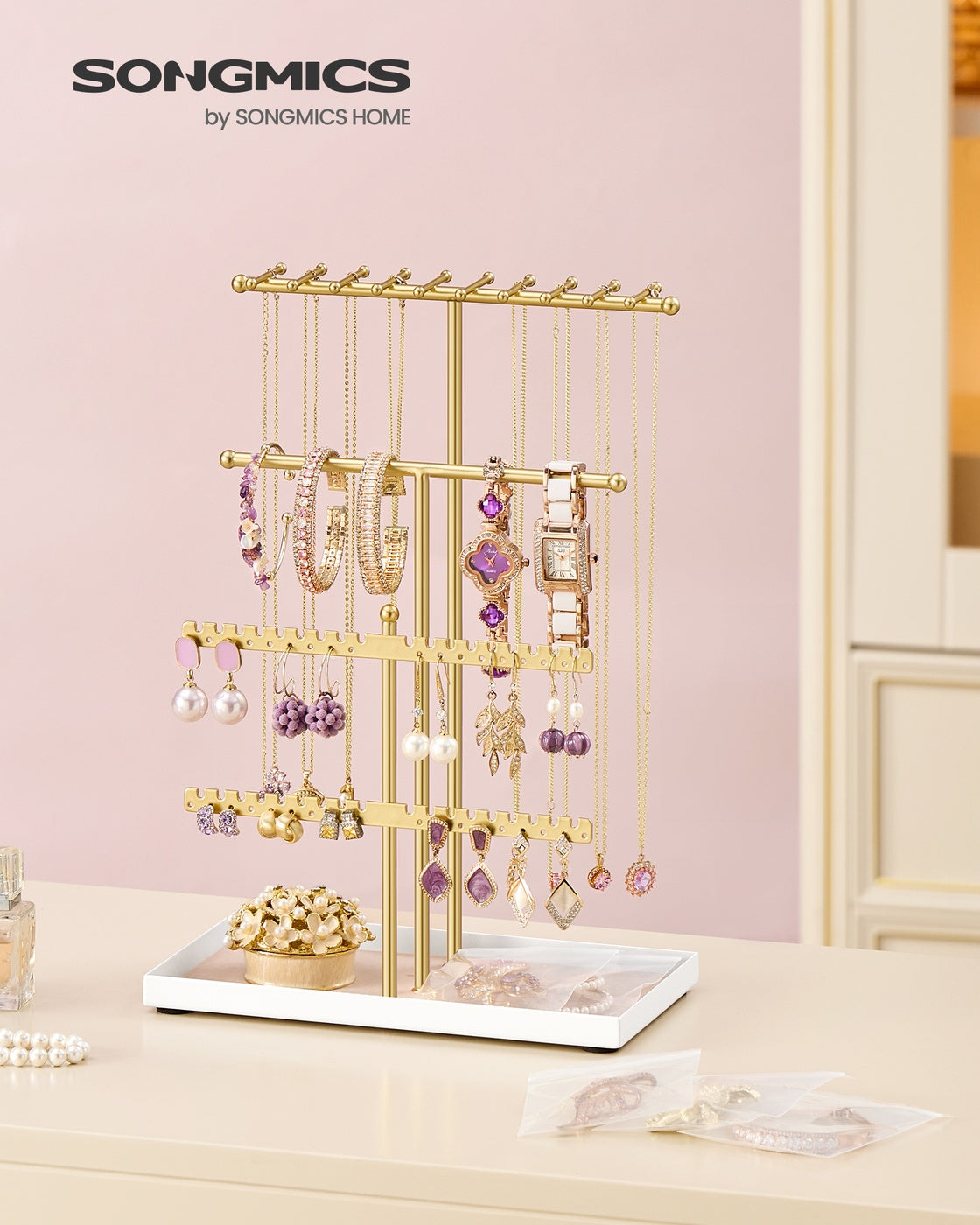 Jewellery Stand – Metal – Pale Gold – Velvet Tray and Organiser for Necklaces, Bracelets, and Earrings