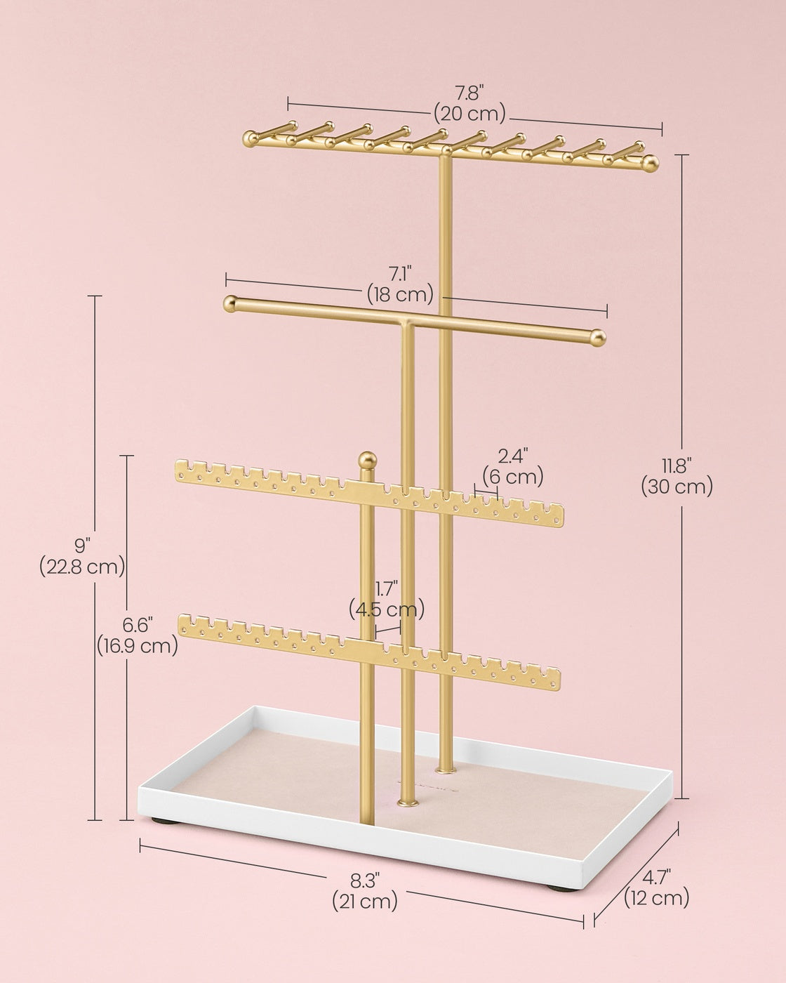 Jewellery Stand – Metal – Pale Gold – Velvet Tray and Organiser for Necklaces, Bracelets, and Earrings