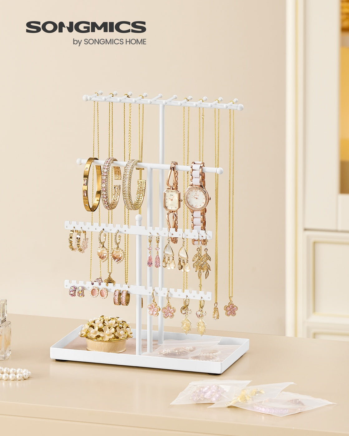 Jewellery Stand – Metal Frame and Velvet Tray – Matte White – Versatile Organiser for Necklaces, Bracelets, Earrings and Rings