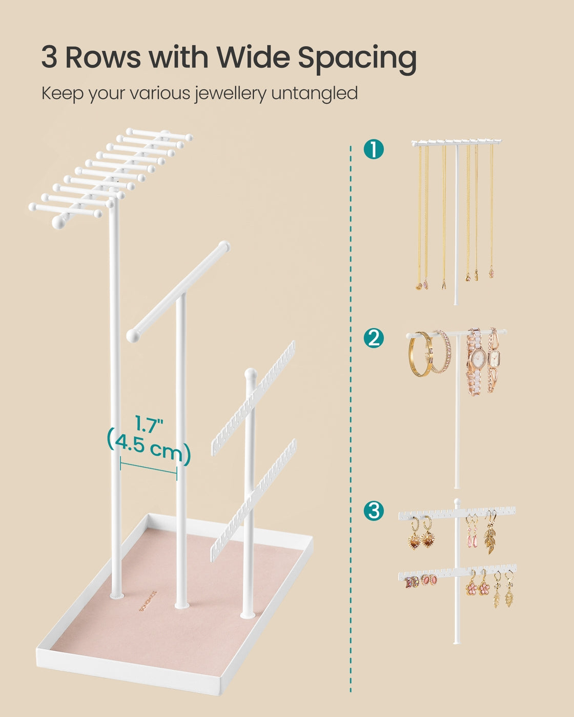 Jewellery Stand – Metal Frame and Velvet Tray – Matte White – Versatile Organiser for Necklaces, Bracelets, Earrings and Rings