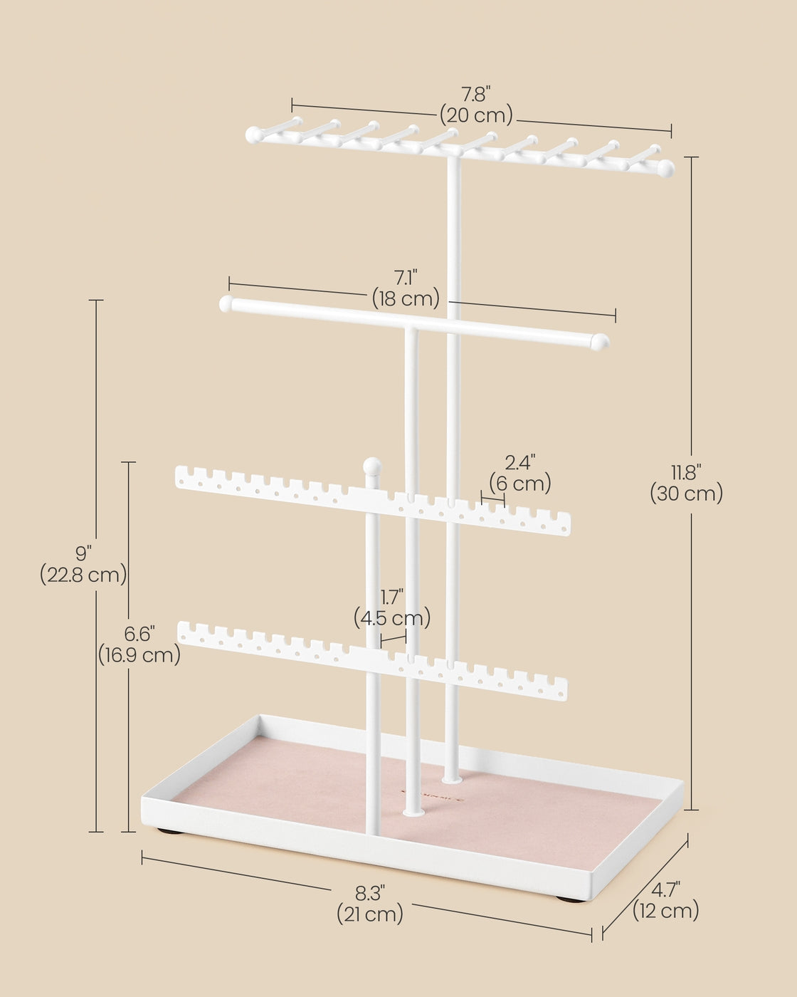 Jewellery Stand – Metal Frame and Velvet Tray – Matte White – Versatile Organiser for Necklaces, Bracelets, Earrings and Rings