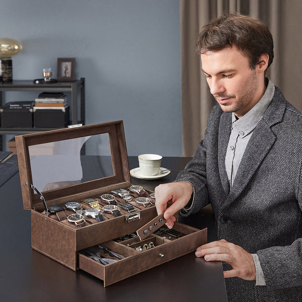 Watchbox - Watch Box - With Drawer - Glass Lid - Brown