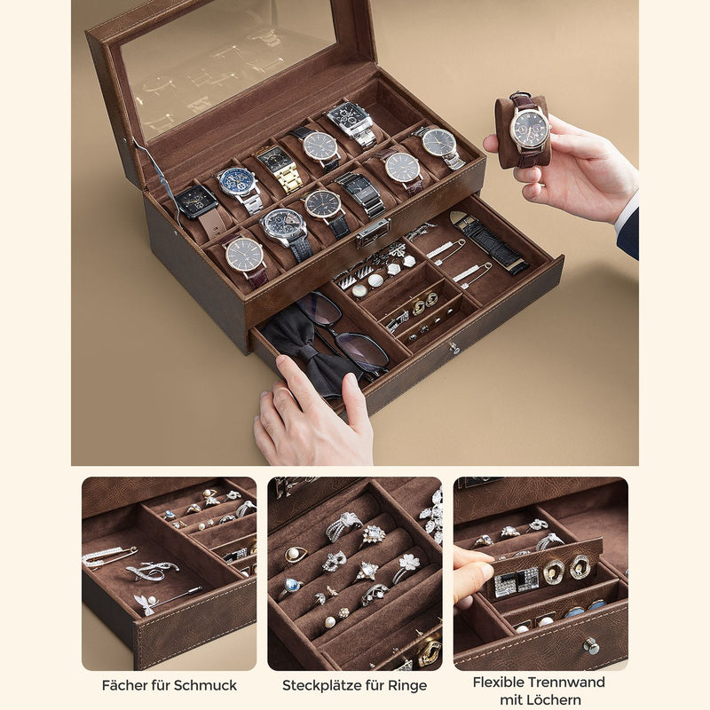 Watchbox - Watch Box - With Drawer - Glass Lid - Brown