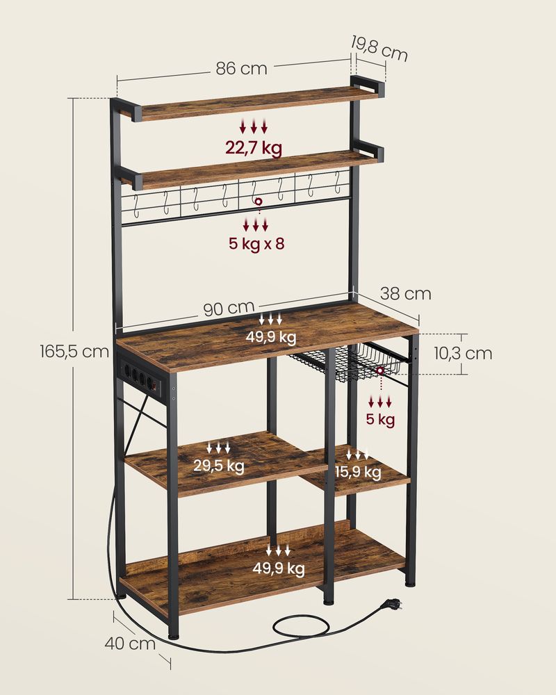 Keukenrek - Staande rek - Met stopcontact - Meerdere planken - Metalen frame - Bruin