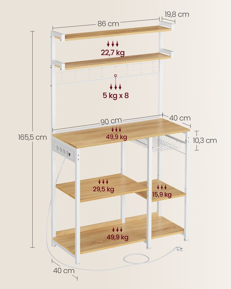 Keukenrek - Staande rek - Met stopcontact - Meerdere planken - Metalen frame - Licht bruin