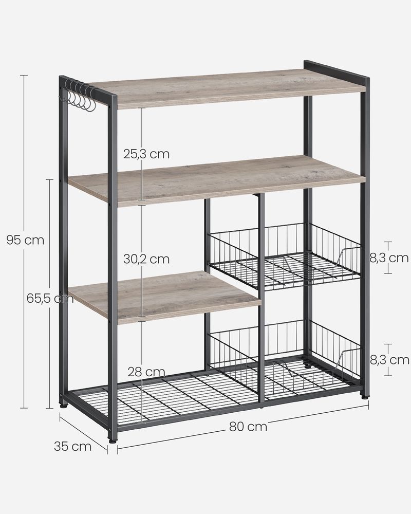 Keukenrek - Keukenkast - Opbergkast - 4 niveaus - Metalen frame - Houten planken - Grijs