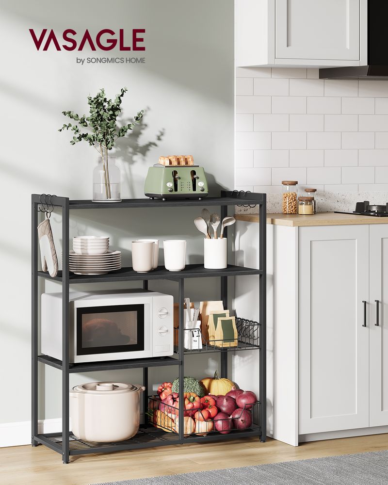 Kitchen Rack - Kitchen Cupboard - Opbevaringsskaber - 4 niveauer - Metalramme - Træplader - Sort