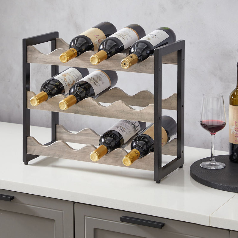 Rack de vin - pentru 12 sticle - lemn - gri negru