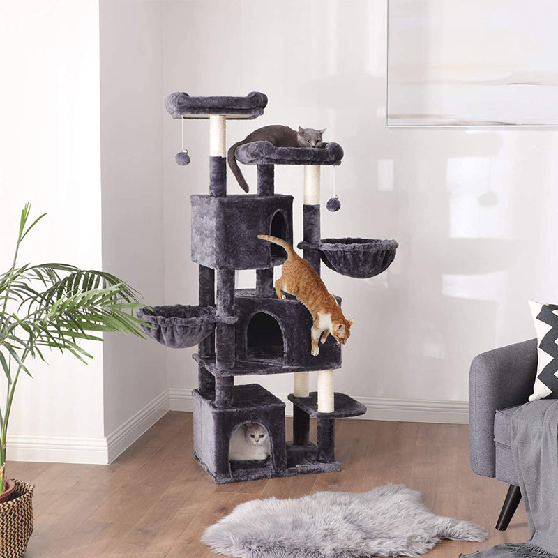 Scratching Post - avec 3 grottes de chat - 2 paniers suspendus - Grand - gris foncé