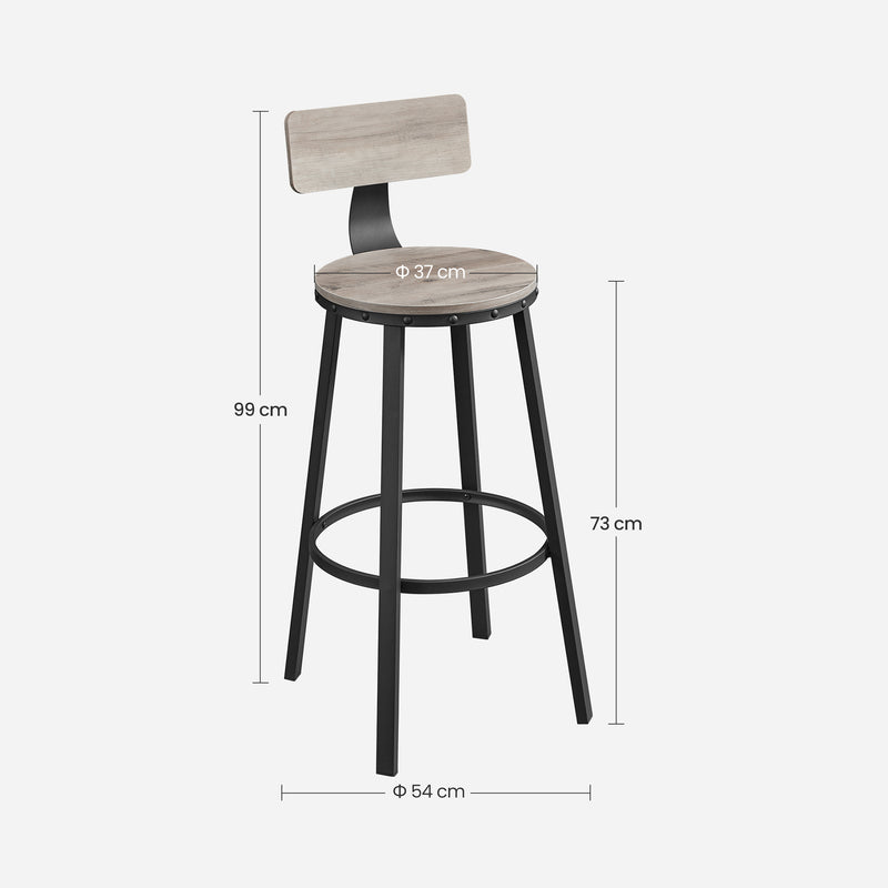 Tabourets de bar - ensemble de 2 - avec dossier - siège en bois - noir gris