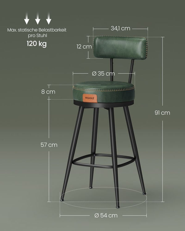 Barkrukken - Barstoelen - Set van 2 - Metalen frame - Met rugleuning - Groen