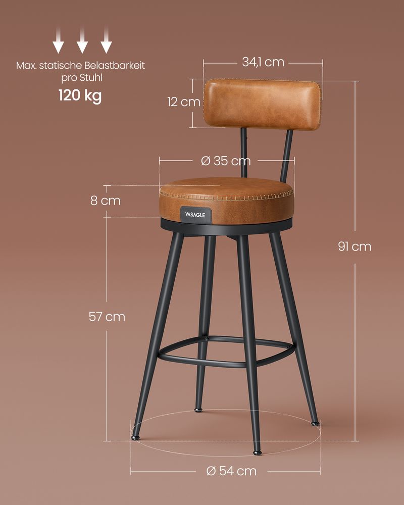 Barkrukken - Barstoelen - Set van 2 - Metalen frame - Met rugleuning - Bruin