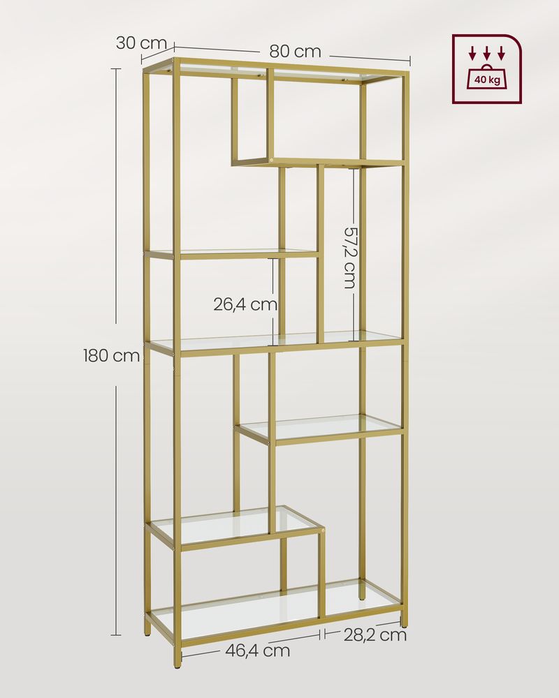 Boekenkast - Opbergkast - Met 6 planken - Metalen frame - Glazen Niveaus - Goud