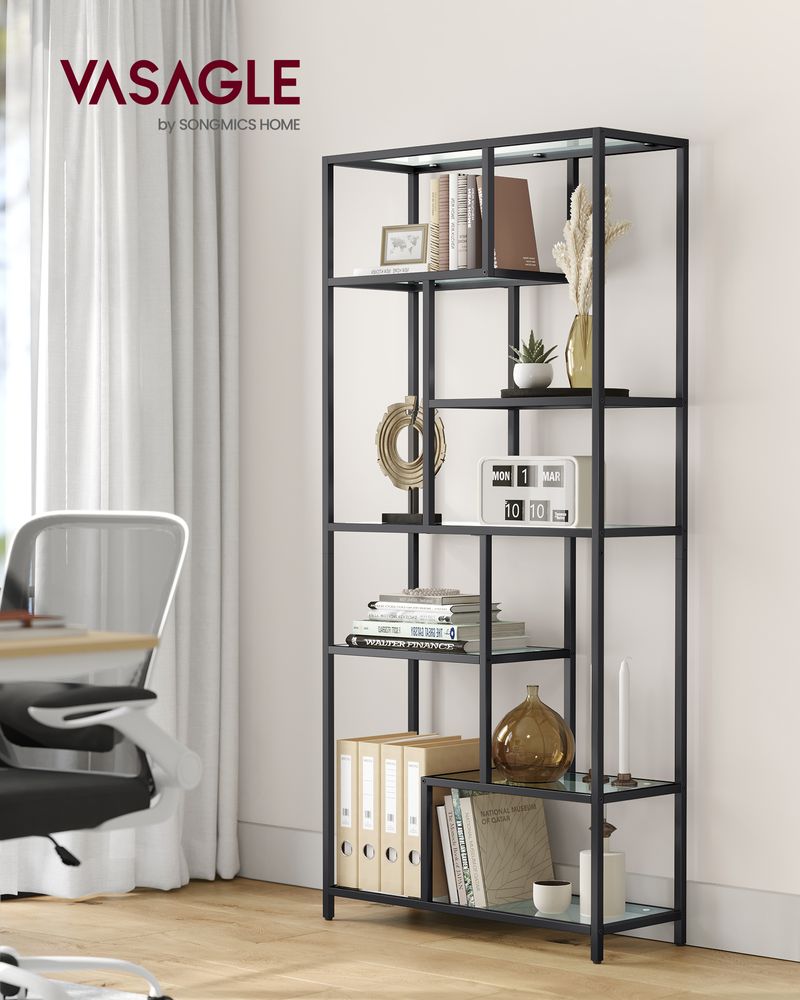 Boekenkast - Opbergkast - Met 6 planken - Metalen frame - Glazen Niveaus - Zwart