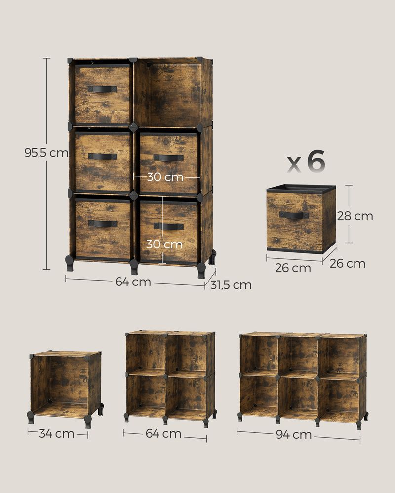 Cube Cabinet - Opbevaringsskab - med 6 rum og 6 kasser - let at samle - brun