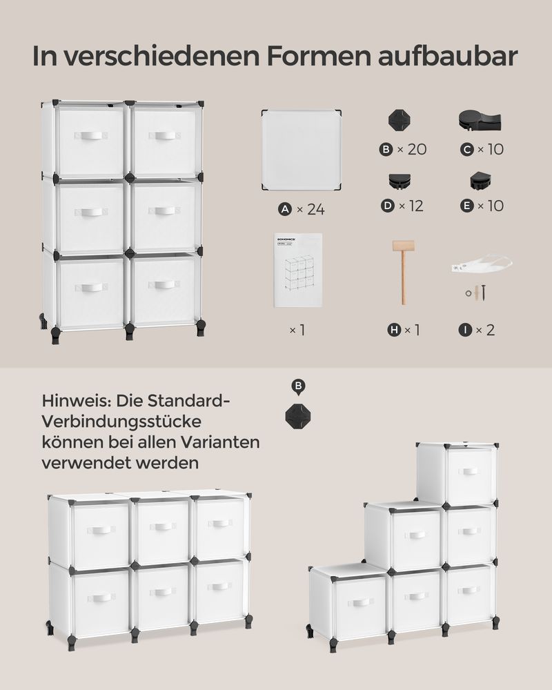 Cube kabinet - opbevaringsskab - med 6 rum og 6 kasser - let at samle - hvidt