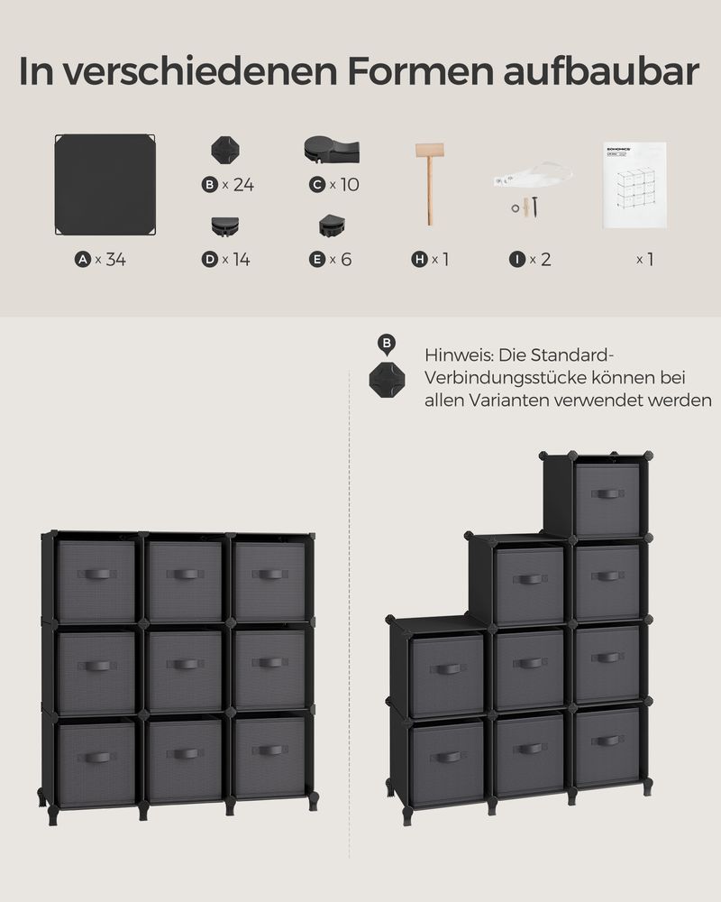 Cube Cabinet - Opbevaringsskab - med 9 rum og 9 kasser - let at samle - sort