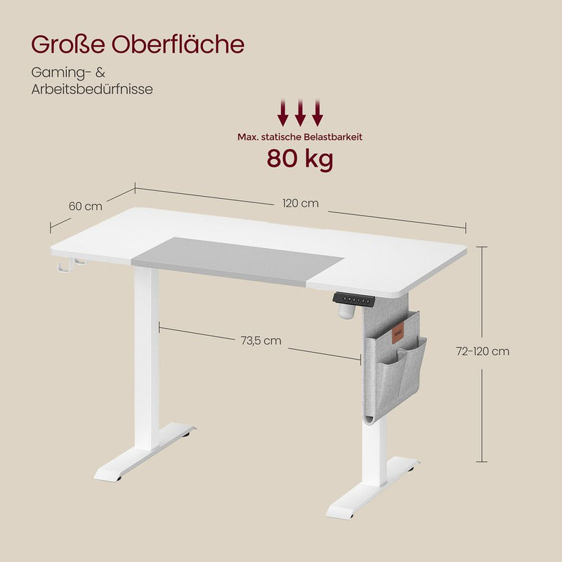 Desk - Elektrisk skrivebord - i højdejusterbar - med hjul - 60x120cm - Hvid