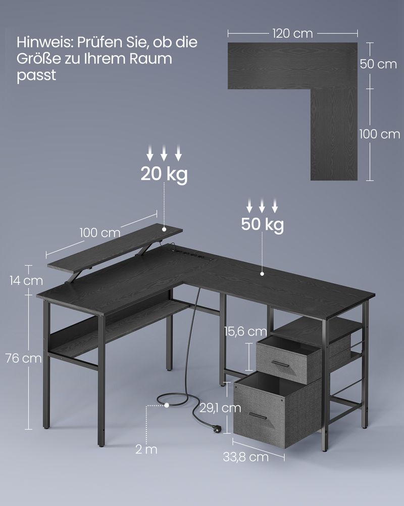 Bureau - Hoekbureau - L Shaped - pistorasialla ja lipastoilla - musta