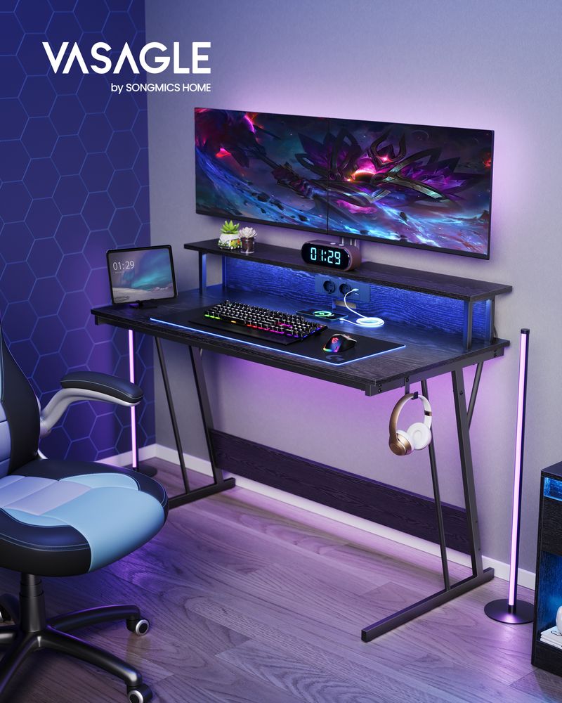 Gaming desk - med LED -belysning og stikkontakt - hævet hylde - 60x120x76 cm - sort