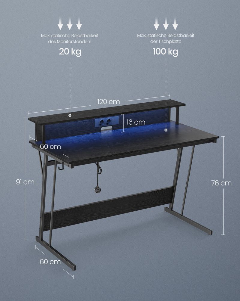 Speldisk - med LED -belysning och uttag - upphöjd hylla - 60x120x76 cm - svart