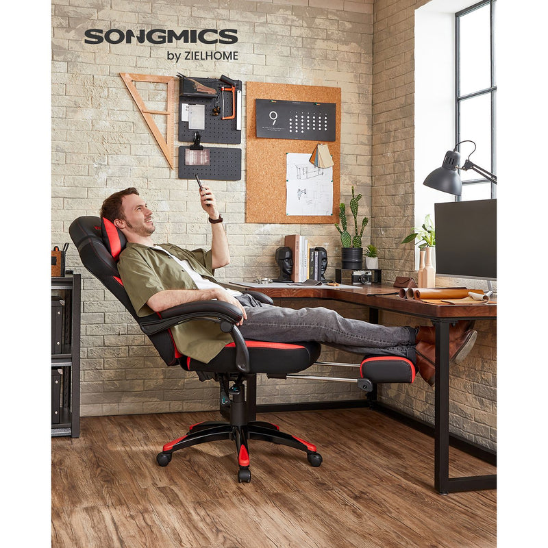 Chaise de jeu - Chaise de bureau - Cuir artificiel - avec repose-pieds et coussin arrière - Black -Hood