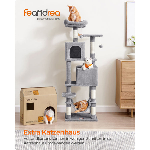 Cat Tree - Scratching Post - Med hængekøje og 2 huler - Grå