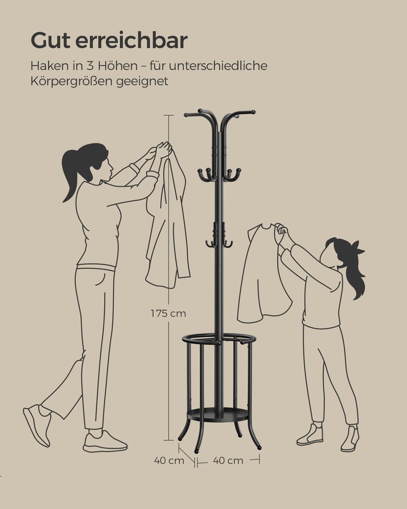 Frakkeholder - tøjstativ - med paraply og 12 kroge - metal - sort