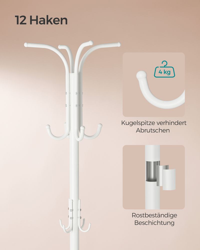 Frakkeholder - tøjstativ - med paraply og 12 kroge - metal - hvid