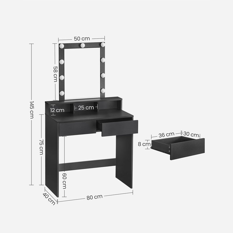 Kaptafel - Make-up tafel - 2 grote lades - Met spiegel en verlichting - Zwart