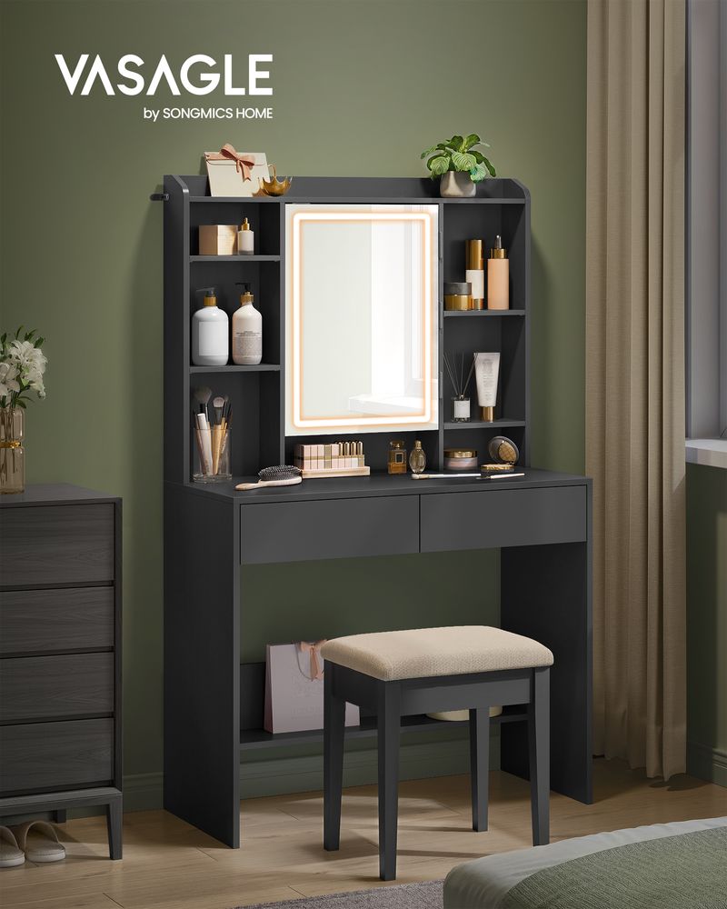 Dressing Table - Make -Up Table - Med LED -belysning og spejl - 2 skuffer - lavet af træ - sort