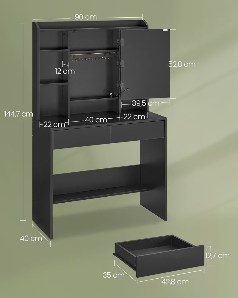 Dressing Table - Make -Up Table - Med LED -belysning og spejl - 2 skuffer - lavet af træ - sort