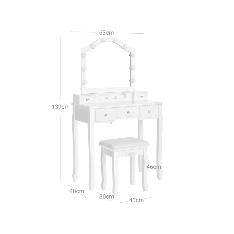 Kaptafel - Make-up tafel - 2 grote lades - Met spiegel en verlichting - Met kruk - Wit