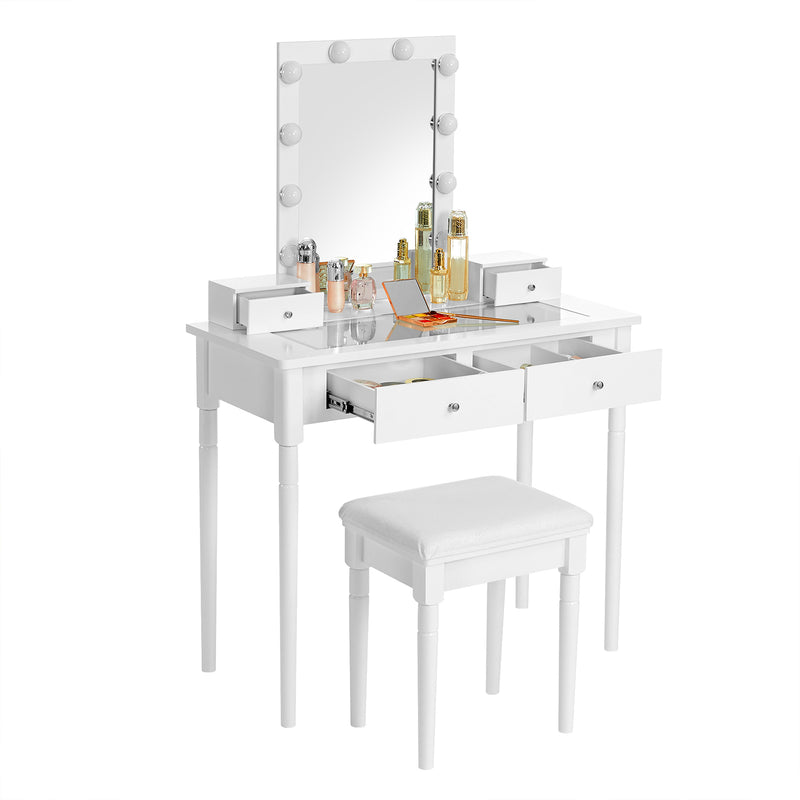 Dressing Table - Makeup Table - 2 sertare mari - cu oglindă și iluminare - cu scaun - alb