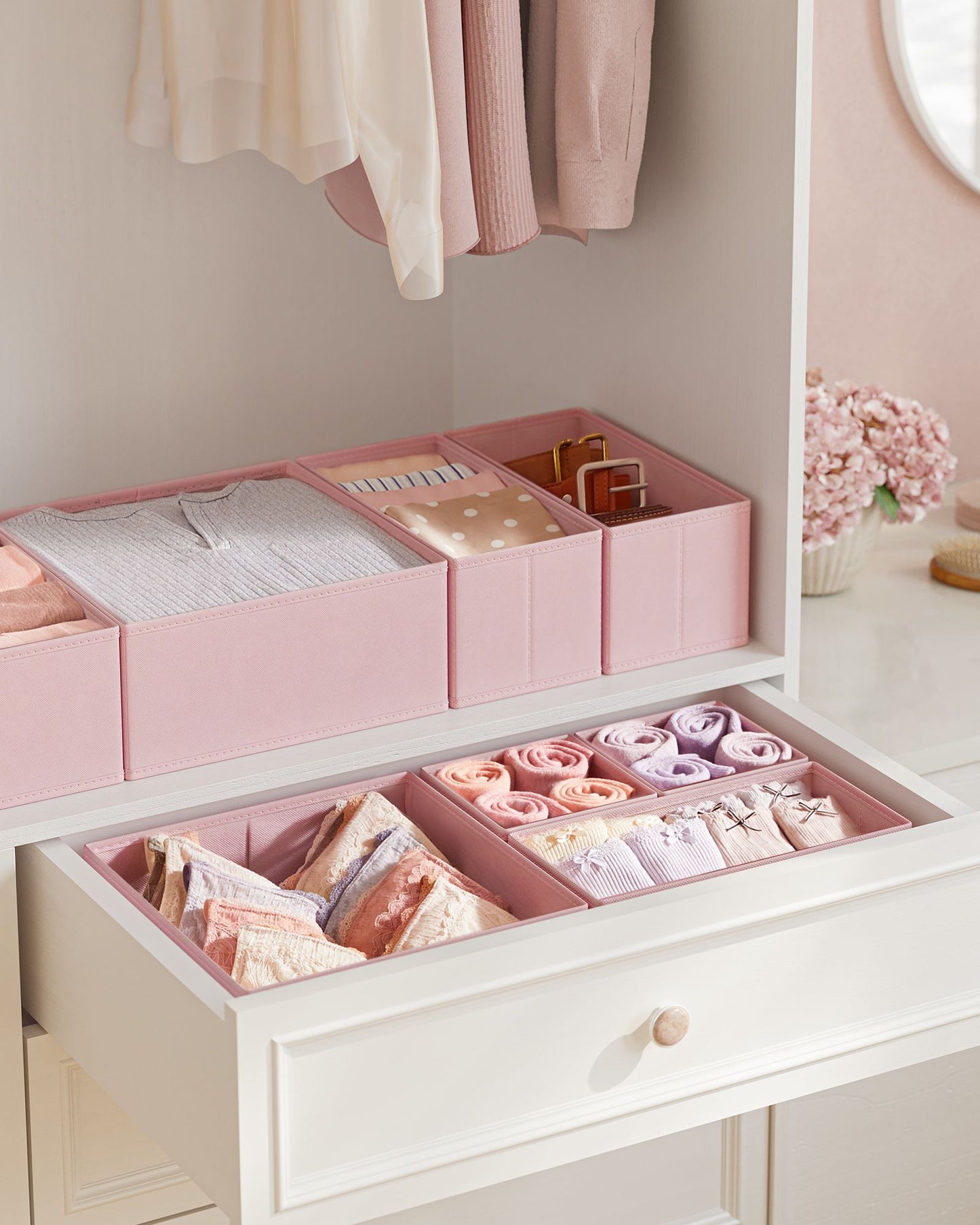 Set of 12 Foldable Fabric Drawer Organisers – Non-Woven Fabric – Jelly Pink – Versatile Storage for Socks, Underwear, Scarves, Ties