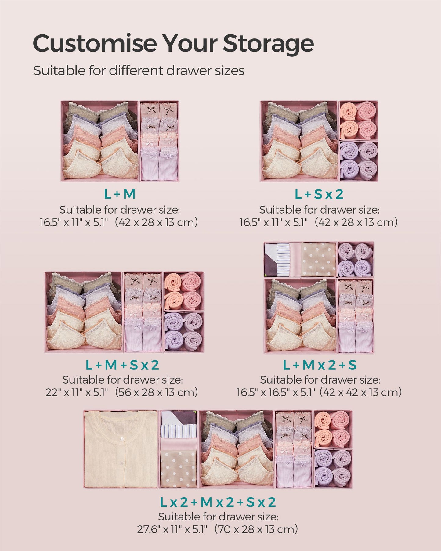 Set of 12 Foldable Fabric Drawer Organisers – Non-Woven Fabric – Jelly Pink – Versatile Storage for Socks, Underwear, Scarves, Ties