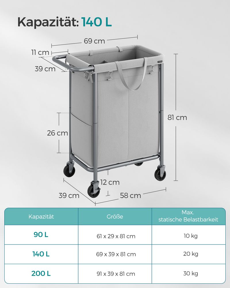 Tvättkorg - med 2 fack - 140 liter - med handtag och hjul - grå