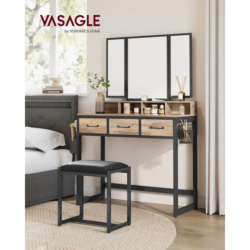 Make -Up Table - Dressing Table - Cosmetic Table - 3 skuffer - med spejl og afføring - Brun sort