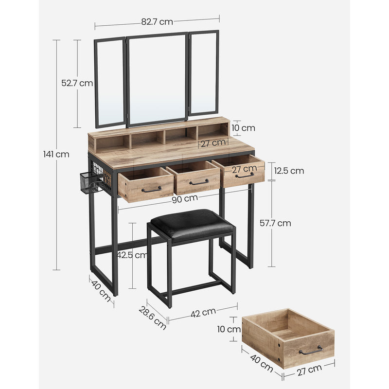 Make -Up Table - toalettbord - kosmetiskt bord - 3 lådor - med spegel och avföring - brun svart