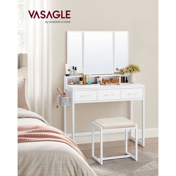 Table de mate-up - Dresseur - Table cosmétique - 3 tiroirs - avec miroir et tabouret - blanc