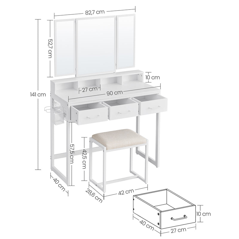 Make -Up Table - Dressing Table - Cosmetic Table - 3 skuffer - med spejl og afføring - Hvid